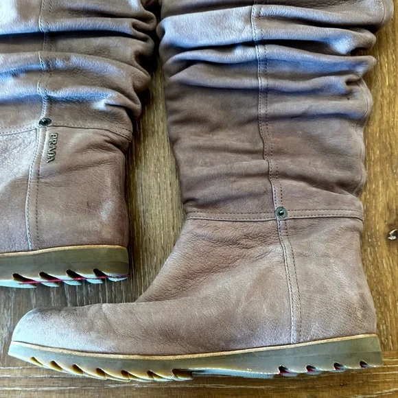 EUC taupe slouchy Prada flat calfskin boots 39 / 8 - Picture 7 of 16